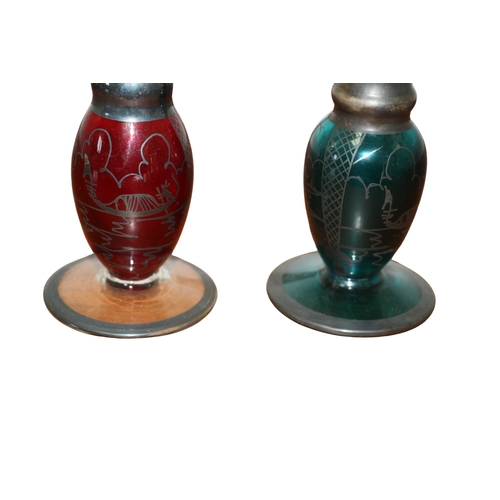 20 - 2 Mid Century Fluted Venetian Glass Vases - One Deep Red the other Deep Blue - Both with Gondola Sce... 