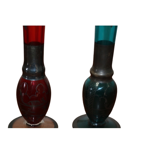 20 - 2 Mid Century Fluted Venetian Glass Vases - One Deep Red the other Deep Blue - Both with Gondola Sce... 