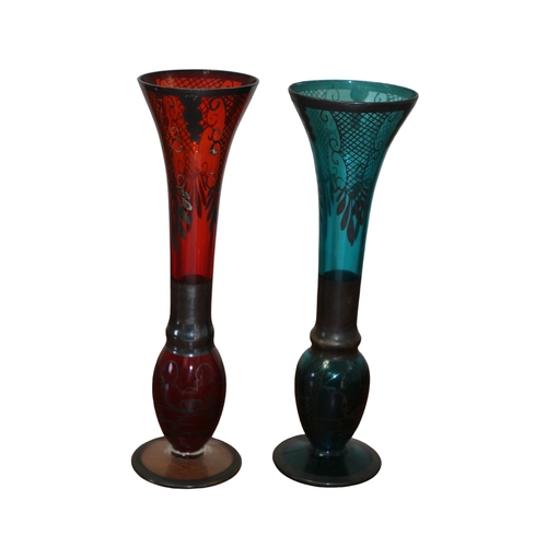 20 - 2 Mid Century Fluted Venetian Glass Vases - One Deep Red the other Deep Blue - Both with Gondola Sce... 