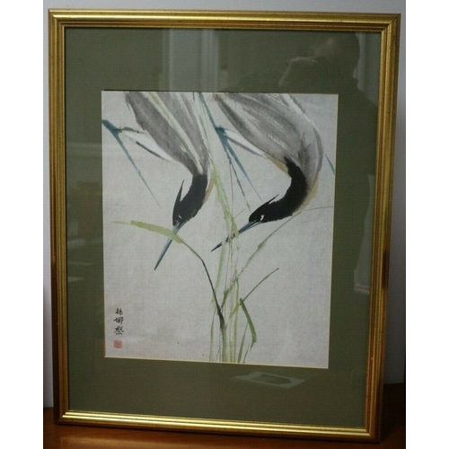 213 - Original Vintage Chinese Watercolour of Two Cranes in the Reeds by Sun Na Cai - Nicely Marked with C... 