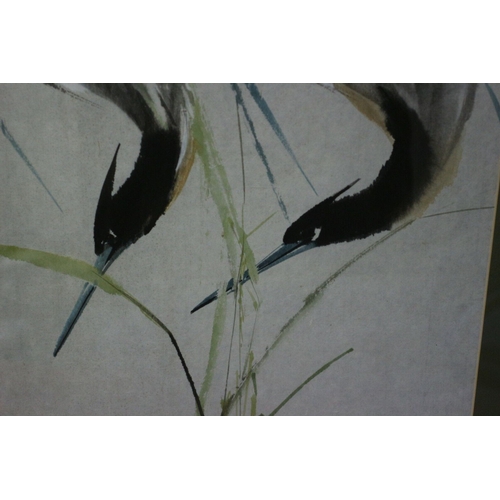 213 - Original Vintage Chinese Watercolour of Two Cranes in the Reeds by Sun Na Cai - Nicely Marked with C... 