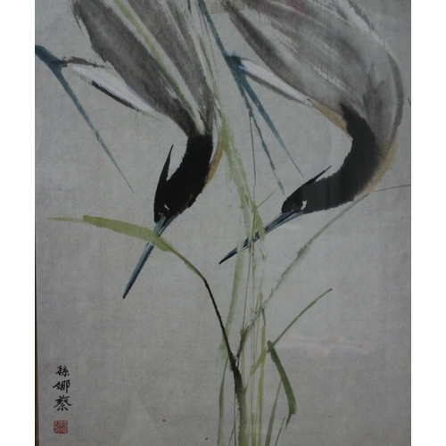 213 - Original Vintage Chinese Watercolour of Two Cranes in the Reeds by Sun Na Cai - Nicely Marked with C... 