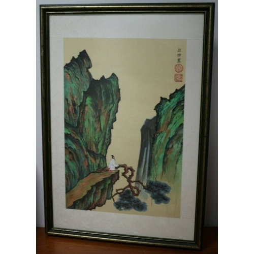 214 - Original Vintage Chinese Watercolour of a Monk in the Mountains by Sun Na Cai - Nicely Stamped with ... 