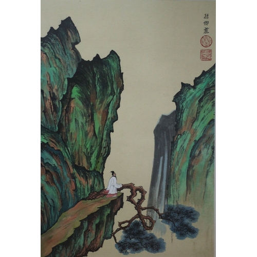 214 - Original Vintage Chinese Watercolour of a Monk in the Mountains by Sun Na Cai - Nicely Stamped with ... 