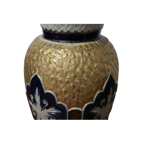 40 - Royal Doulton Rare Antique Stoneware Vase, Fine Details in Relief, Rich Gilding on Upper Body, Great... 