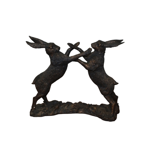 50 - Pair of Cotemporary Bronzed Resin Hares Boxing, 22cm long x 19cm tall