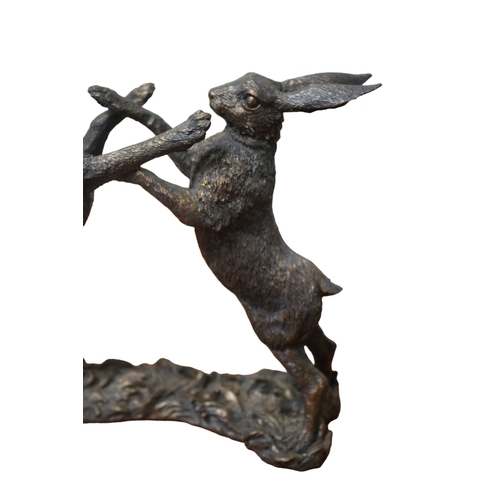 50 - Pair of Cotemporary Bronzed Resin Hares Boxing, 22cm long x 19cm tall