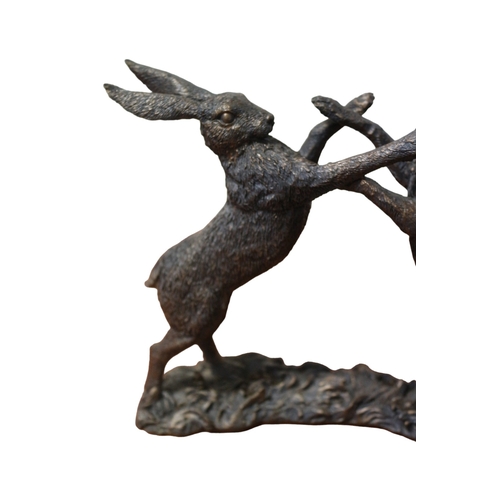 50 - Pair of Cotemporary Bronzed Resin Hares Boxing, 22cm long x 19cm tall