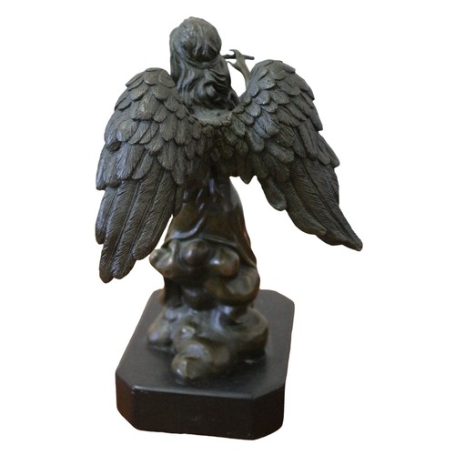 2 - Heavy Bronze of a Seated Angel with Large Wings, Playing a Flute on Marble Base. 24cm Tall & Wei... 