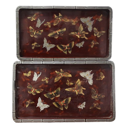 4 - 2 Hand Made Mid Century Highly Lacquered Japanese Butterfly Design Trays - Each Tray Has Hand Painte... 