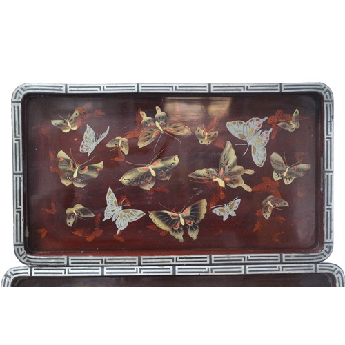 4 - 2 Hand Made Mid Century Highly Lacquered Japanese Butterfly Design Trays - Each Tray Has Hand Painte... 