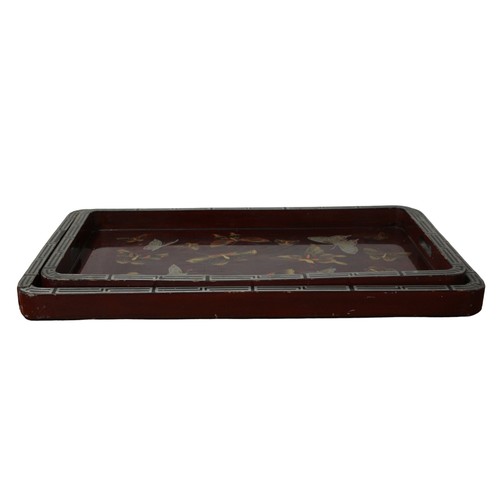 4 - 2 Hand Made Mid Century Highly Lacquered Japanese Butterfly Design Trays - Each Tray Has Hand Painte... 