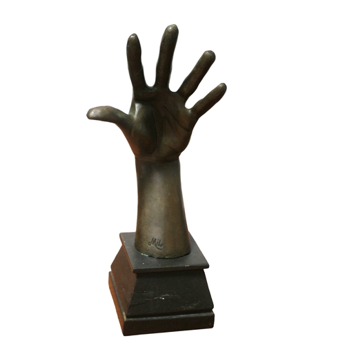 132 - Bronze Hand with Ear on Back of Hand, Signed Milo on Base, 34cm Tall, Minimalist Bronze