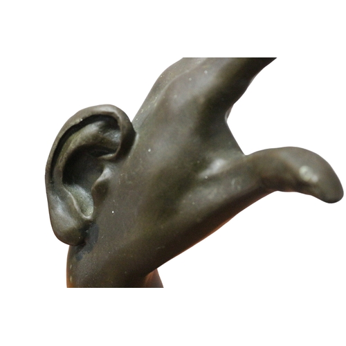 132 - Bronze Hand with Ear on Back of Hand, Signed Milo on Base, 34cm Tall, Minimalist Bronze