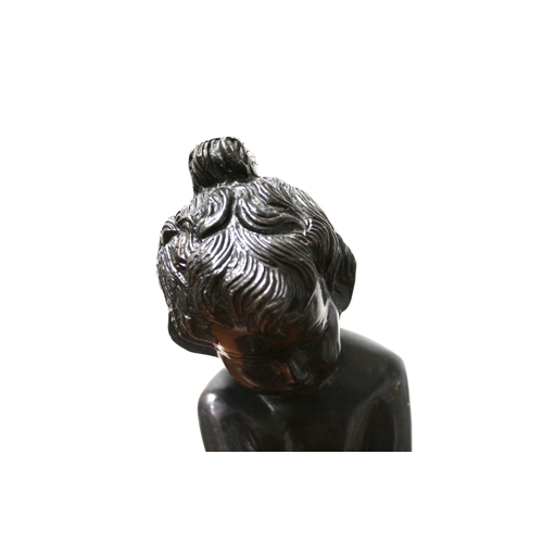 134 - Bronze of a Young Girl Sitting On a Wall Nude and Looking Downwards, 32cm Tall, Unsigned