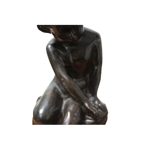 134 - Bronze of a Young Girl Sitting On a Wall Nude and Looking Downwards, 32cm Tall, Unsigned