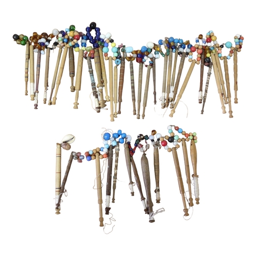 139 - 19th Century Finely Turned Wooden Lace Bobbins With Beaded Ends, 40+ Including Ornate Wooden with Be... 