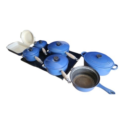 144 - 6 x Le Creuset Cast Iron Items - Comprising: Baking Trays and Saucepans All in Blue