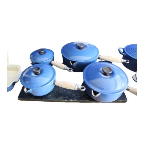 144 - 6 x Le Creuset Cast Iron Items - Comprising: Baking Trays and Saucepans All in Blue