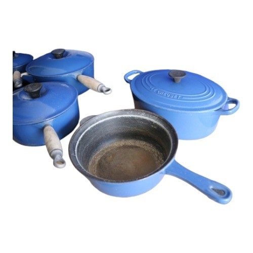 144 - 6 x Le Creuset Cast Iron Items - Comprising: Baking Trays and Saucepans All in Blue