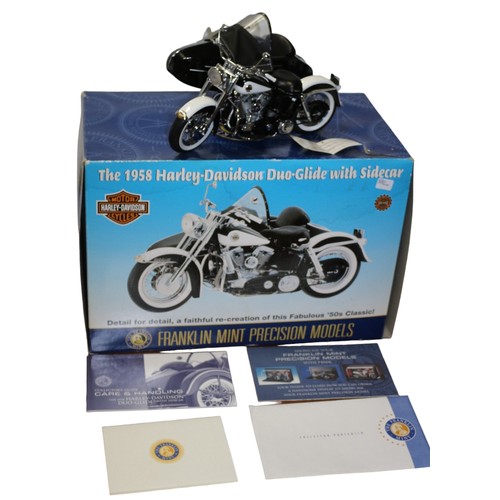 68 - Large Franklin Mint 1958 Harley Davidson Duo-Glide with Sidecar Motorbike 1:10 Scale Die Cast with P... 