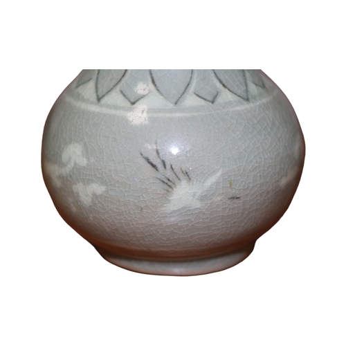 179 - Vintage Crackle Glazed Korean Celadon Vase with Cranes & Clouds - Measures 16cm tall