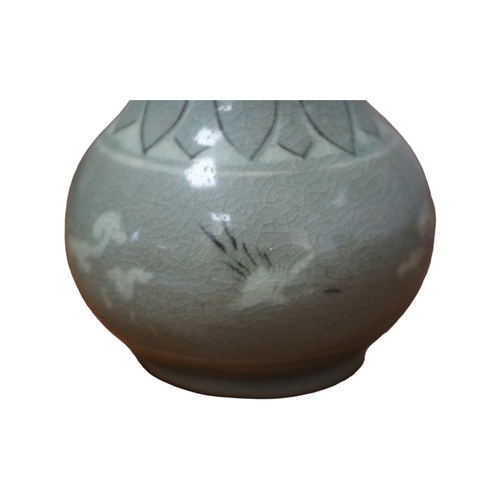 179 - Vintage Crackle Glazed Korean Celadon Vase with Cranes & Clouds - Measures 16cm tall