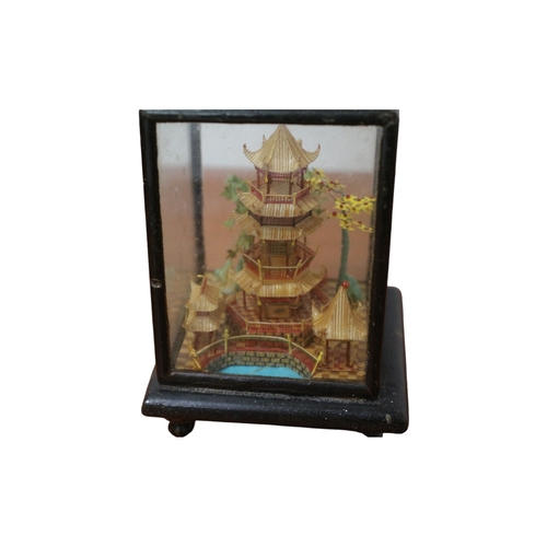 180 - Exquisite Hand Made Silk and Bone Chinese 3 Dimensional Creation of a Pagoda and Gardens, All Encase... 