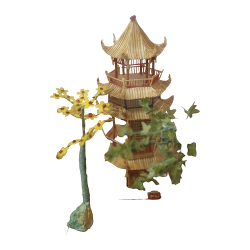 180 - Exquisite Hand Made Silk and Bone Chinese 3 Dimensional Creation of a Pagoda and Gardens, All Encase... 