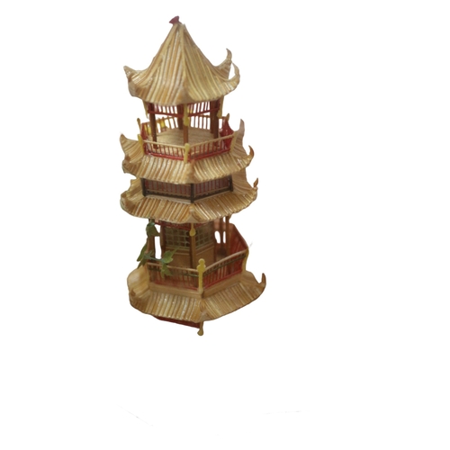 180 - Exquisite Hand Made Silk and Bone Chinese 3 Dimensional Creation of a Pagoda and Gardens, All Encase... 