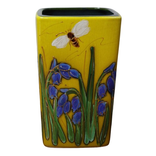 82 - Anita Harris Yellow Rectangular Bee and Flower Vase with Gold Coloured Signature - 15cm