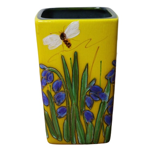 82 - Anita Harris Yellow Rectangular Bee and Flower Vase with Gold Coloured Signature - 15cm