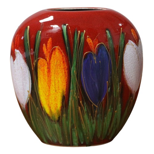 84 - Anita Harris Purse Vase in Red with Flowers and Gold Coloured Signature - 14cm