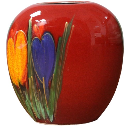 84 - Anita Harris Purse Vase in Red with Flowers and Gold Coloured Signature - 14cm