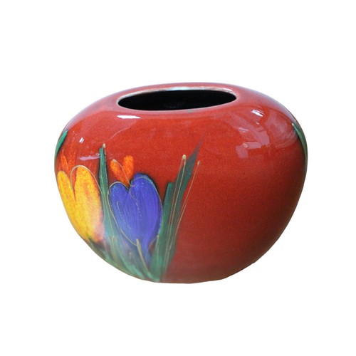 84 - Anita Harris Purse Vase in Red with Flowers and Gold Coloured Signature - 14cm