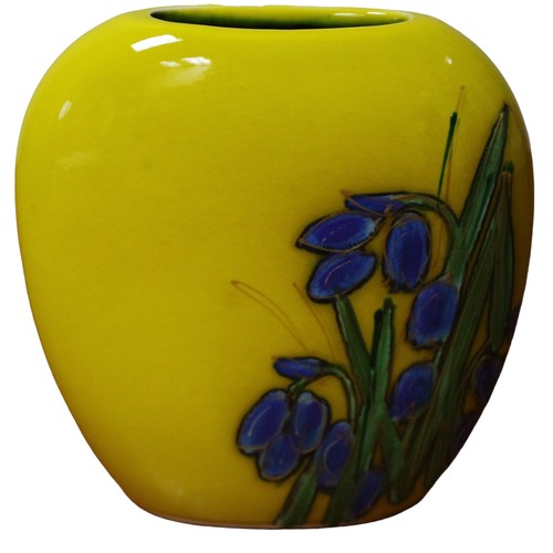 85 - Anita Harris Yellow Purse Vase with Bee and Flowers and Gold Coloured Signature - 12.5cm