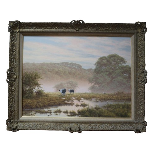 88 - David Morgan (B: 1947) Original Oil on Canvas in Complimentary Ornate Frame - Cows Near a River with... 