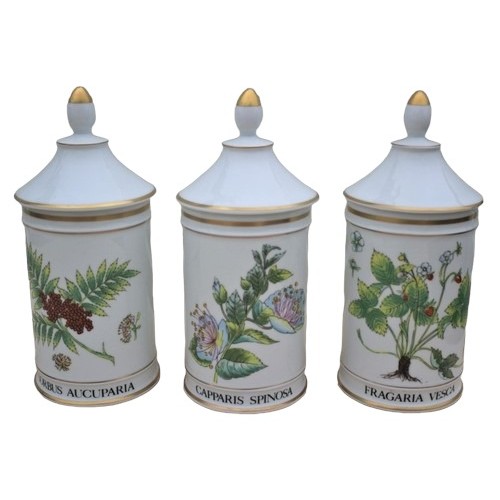 116 - Set of 3 Hand Painted Vintage French - Limoges - Apothecary Jars with Lids - 27cm Tall