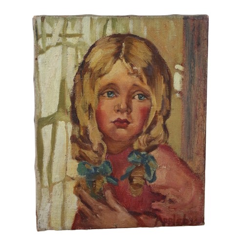 34 - 1932 Very Nicely Executed Oil on Canvas of a Pensive Faced Young Girl with Ribbons in Her Hair - Sig... 