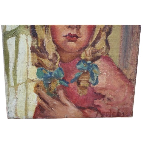 34 - 1932 Very Nicely Executed Oil on Canvas of a Pensive Faced Young Girl with Ribbons in Her Hair - Sig... 