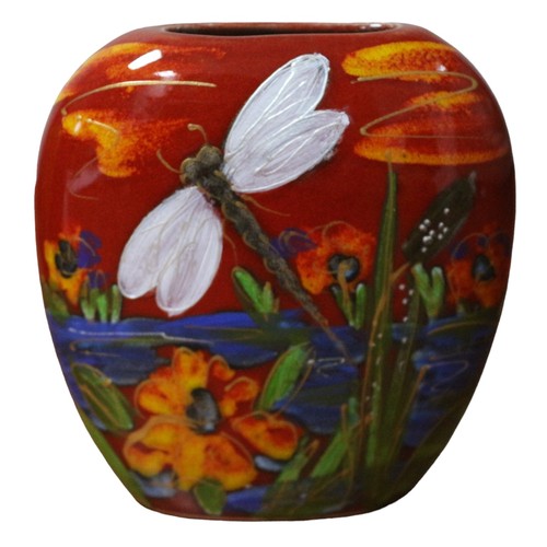 71 - Anita Harris Red Purse Vase with Dragonfly and Flowers and Gold Coloured Signature - 12.5cm