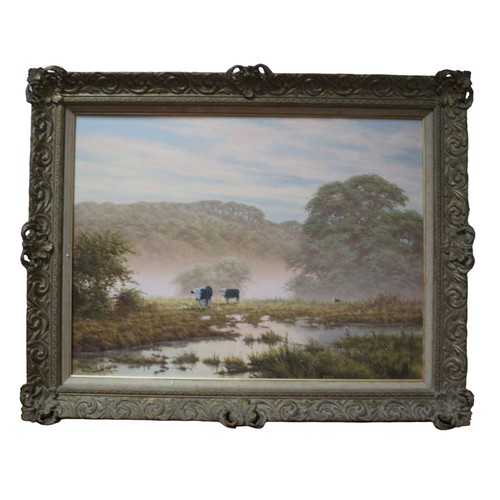 73 - David Morgan (B: 1947) Original Oil on Canvas in Complimentary Ornate Frame - Cows Near a River with... 