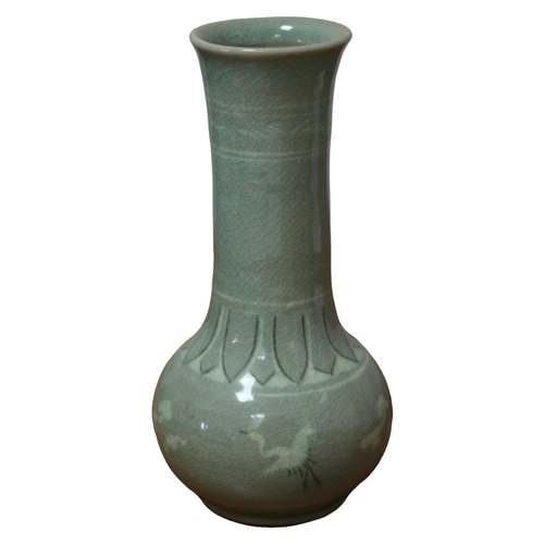 27 - Vintage Crackle Glazed Korean Celadon Vase with Cranes & Clouds - Measures 16cm tall