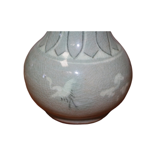 27 - Vintage Crackle Glazed Korean Celadon Vase with Cranes & Clouds - Measures 16cm tall
