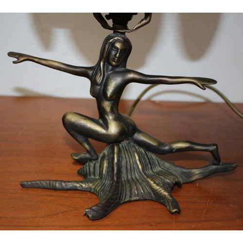 20 - Art Deco Styled Metal Dancing Lady on a Shell Lamp with Green Glass Shade