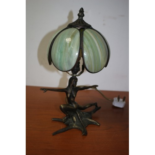 20 - Art Deco Styled Metal Dancing Lady on a Shell Lamp with Green Glass Shade