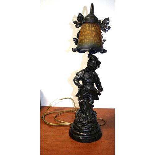 21 - Very Nice Lamp Depicting a Boy with Leaves Behind Him and a Mottled Glass Shade