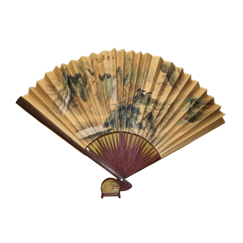 8 - Large Hand Painted Chinese Fan with Plaque - 82cm When Folded plus Cork Diorama