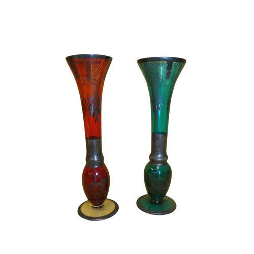 10 - Pair of Venetian Coloured Glass Vases with Ornate Design and Gondola Scenes