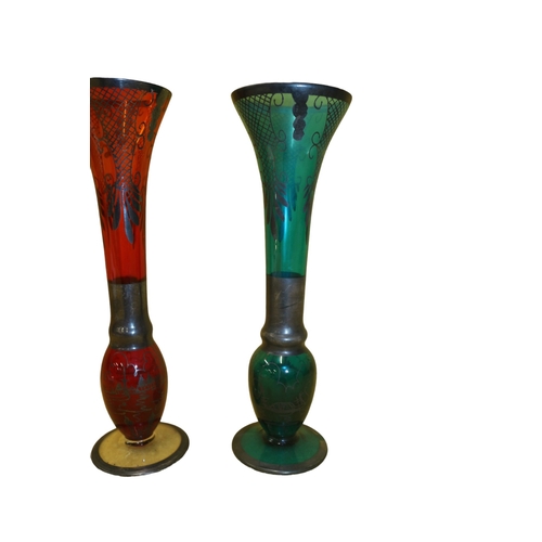 10 - Pair of Venetian Coloured Glass Vases with Ornate Design and Gondola Scenes